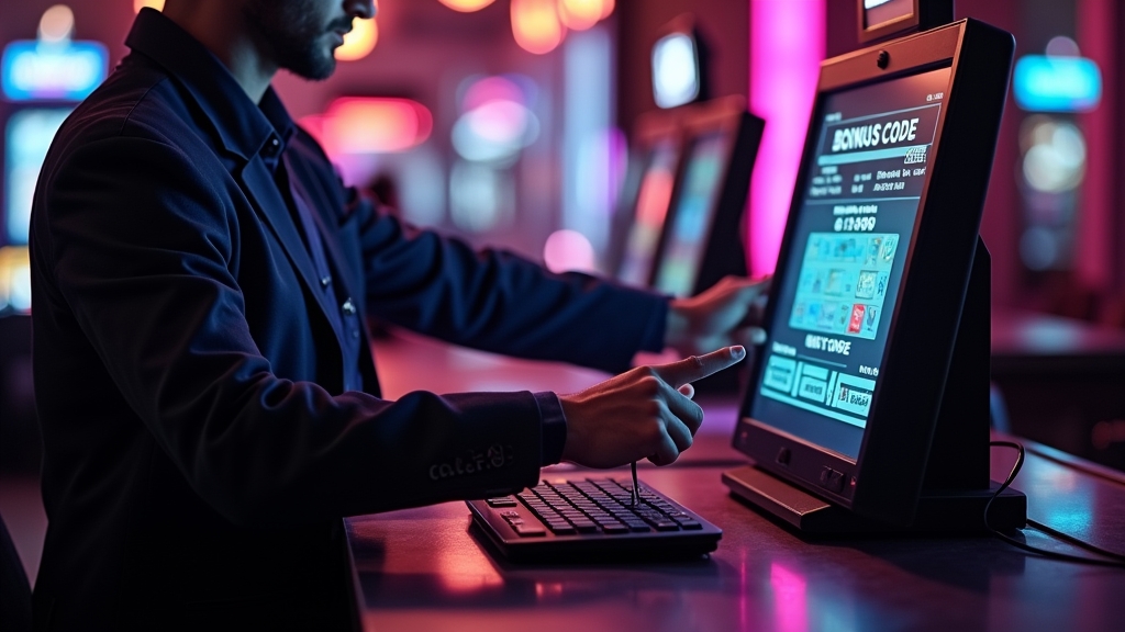 Player entering a casino bonus code at a glowing cashier screen in a dark casino