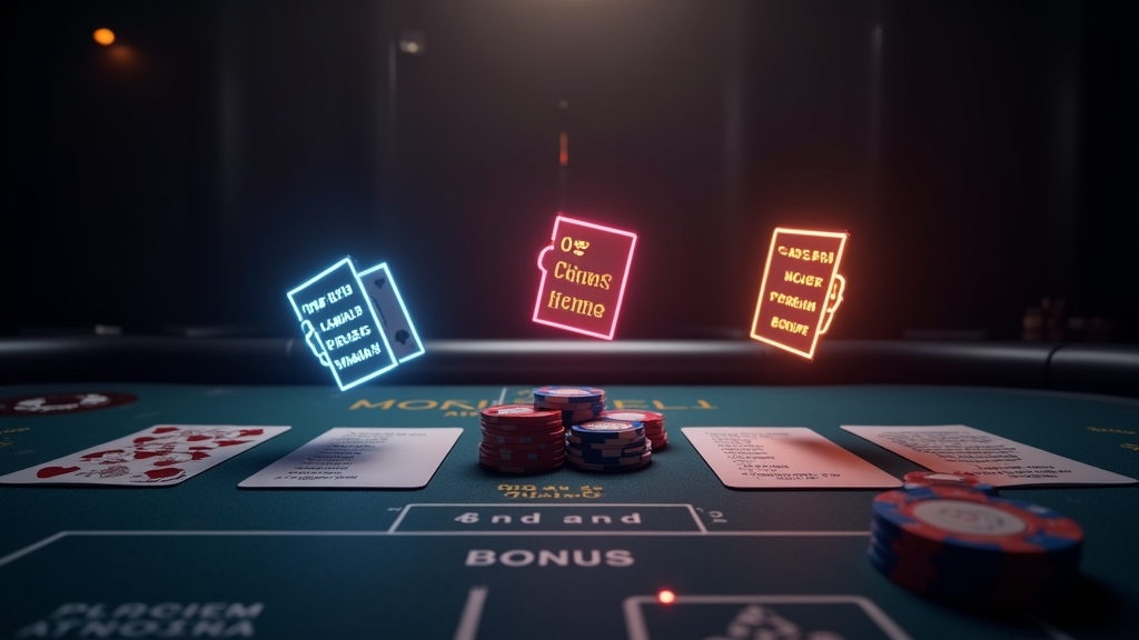 Bonus terms sheet and wagering icons displayed on a dark casino table