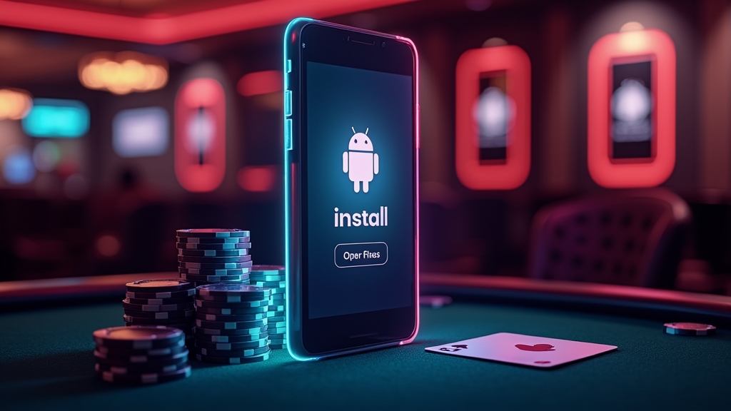 A phone showing Android and iPhone app installation options in a casino scene