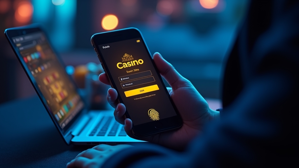 Phone displaying a casino login screen in a neon casino scene