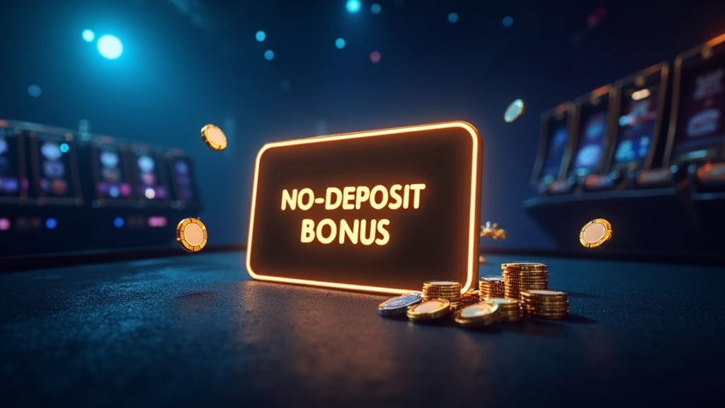 Glowing no deposit bonus card with free spins icons in a dark casino scene