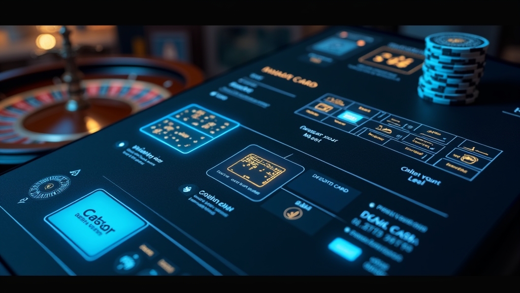 Casino cashier screen with deposit and withdrawal icons in a dark gaming scene