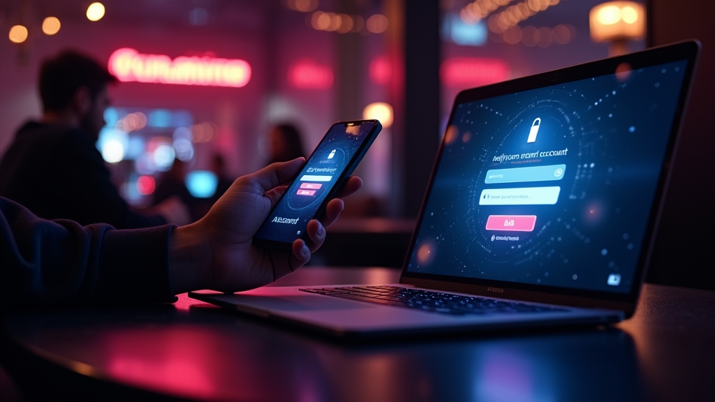 Casino login screen on laptop and phone in a neon-lit room