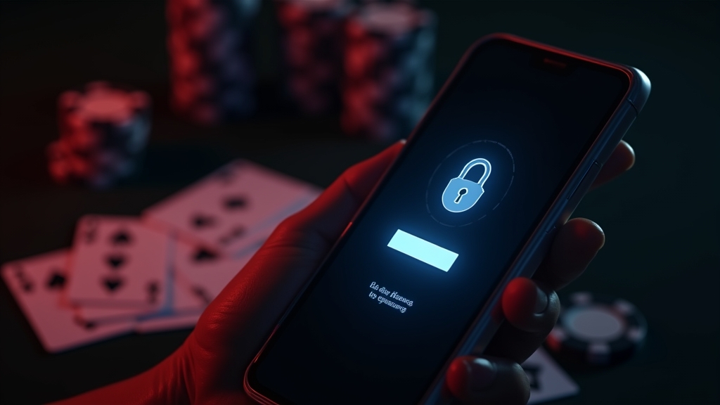 A secure login screen on a smartphone with casino lights in the background