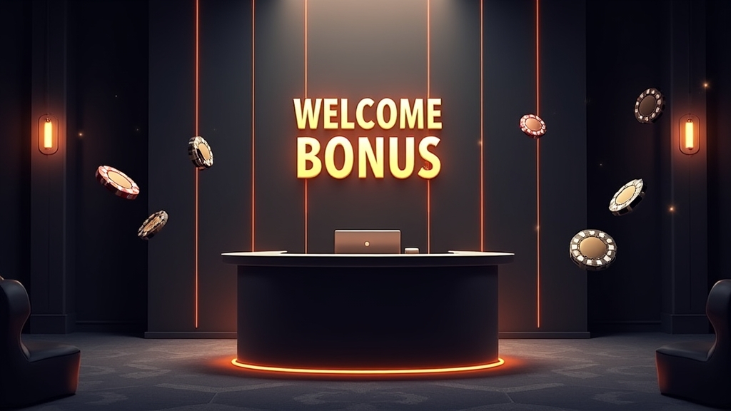 Casino welcome offer displayed above a dark registration desk with glowing bonus icons