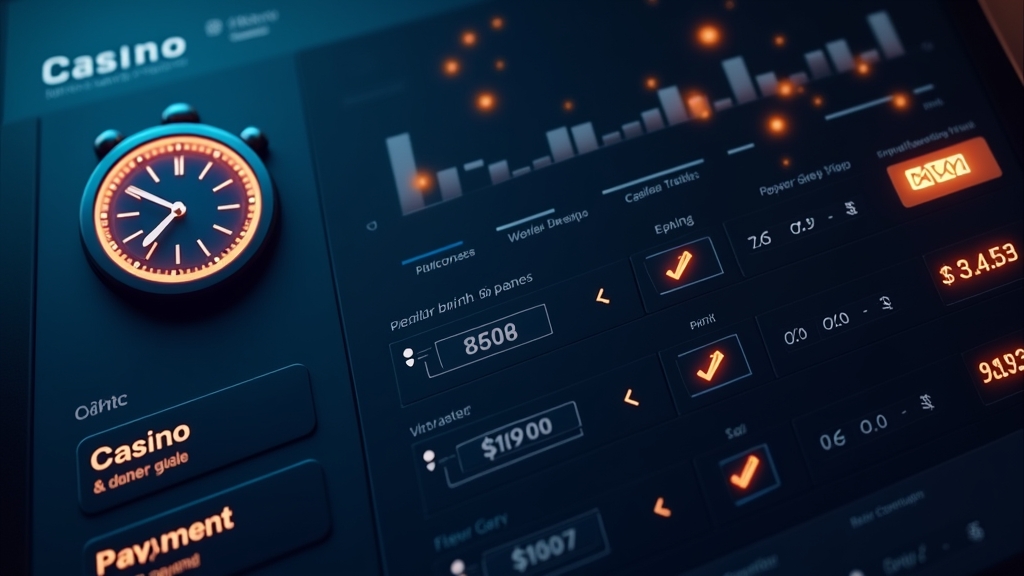 Casino withdrawal dashboard with clock and pending payment queue in a dark setting